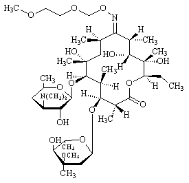 化学结构式:其化学名称为:9{o(2-甲氧基乙氧基-甲基]肟}红霉素.